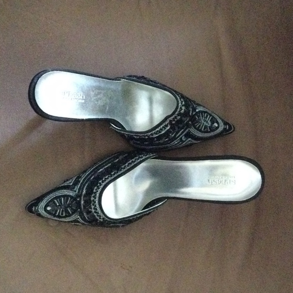 Heels, thin black and silver sparkle and sequins